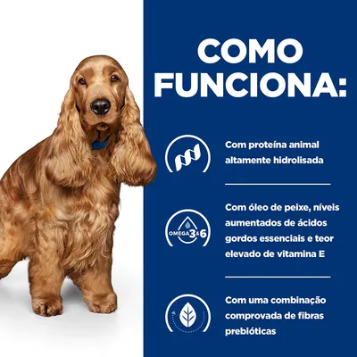 Como funciona: Com proteína animal altamente hidrolisada; com óleo de peixe, níveis aumentados de ácidos gordos essenciais e teor elevado de vitamina E; combinação comprovada de fibras prebióticas.