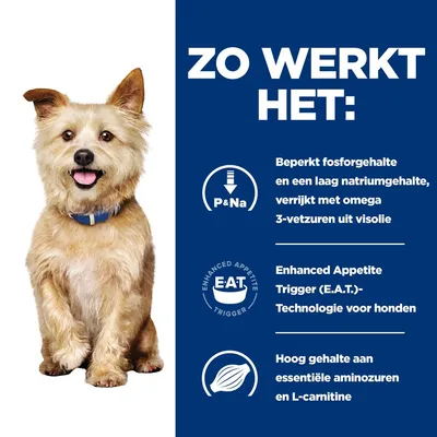 Zo werkt het: beperkt fosforgehalte, laag natriumgehalte, verrijkt met omega 3-vetzuren uit visolie, Enhanced Appetite Trigger (E.A.T.)-technologie voor honden, hoog gehalte essentiële aminozuren en L-carnitine.