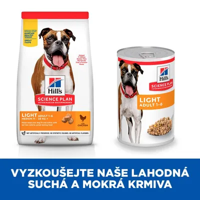 Hill's Science Plan Light Adult 1-6 Medium 11–25 kg s kuřetem, suché a mokré krmivo pro psy. Text: VYZKOUŠEJTE NAŠE LAHODNÁ SUCHÁ A MOKRÁ KRMIVA.