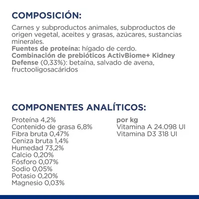 Composición: carnes y subproductos animales, hígado de cerdo, prebióticos ActivBiome+ Kidney Defense. Componentes analíticos: proteína 4,2 %, grasa 6,8 %, humedad 73,2 %, vitaminas A y D3.