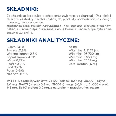 Składniki: zboża, mięso i produkty pochodzenia zwierzęcego (kurczak 12%), oleje, tłuszcze, ekstrakty białek roślinnych, minerały, nasiona, owoce. Analiza: białko 24,8%, tłuszcz 21,9%.