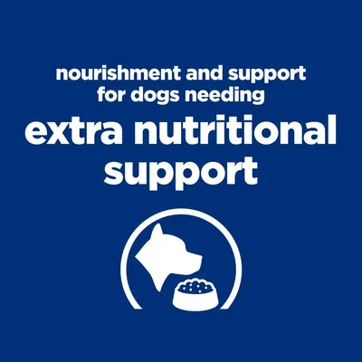 Nourishment and support for dogs needing extra nutritional support. Includes icon of a dog's head with a food bowl.