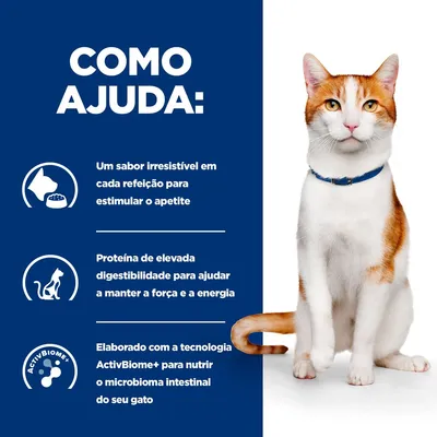 COMO AJUDA: Um sabor irresistível em cada refeição para estimular o apetite. Proteína de elevada digestibilidade para ajudar a manter a força e a energia. ActivBiome+ para nutrir o microbioma intestinal do seu gato.
