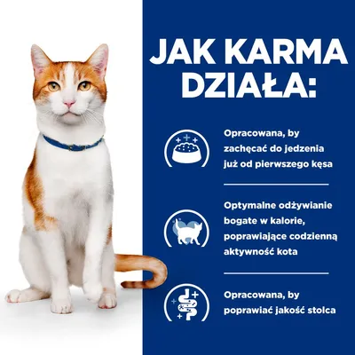 Jak karma działa: opracowana, by zachęcać do jedzenia od pierwszego kęsa; optymalne odżywianie bogate w kalorie; opracowana, by poprawiać jakość stolca.