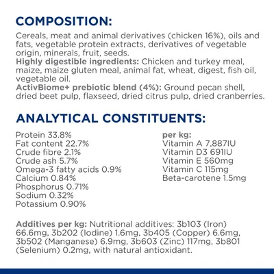 Composition and analytical constituents including protein 33.8%, fat 22.7%, chicken 16%, prebiotic blend 4%, vitamins A, D3, E, C, beta-carotene, minerals, and natural antioxidant.