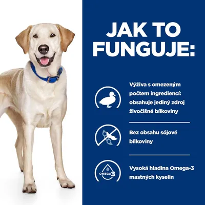 Jak to funguje: Výživa s omezeným počtem ingrediencí, jediný zdroj živočišné bílkoviny, bez sójové bílkoviny, vysoká hladina Omega-3 mastných kyselin.