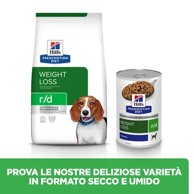 Hill's Prescription Diet Weight Loss r/d, confezione secca e lattina umida per animali. Testo: Prova le nostre deliziose varietà in formato secco e umido.