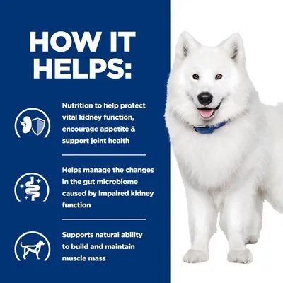 Text på engelska: Nutrition to help protect vital kidney function, encourage appetite & support joint health. Helps manage the changes in the gut microbiome caused by impaired kidney function. Supports natural ability to build and maintain muscle mass.