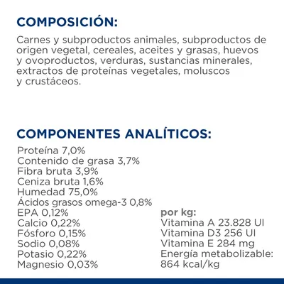 Composición: carnes, subproductos animales y vegetales, cereales, aceites, huevos, verduras, minerales. Componentes analíticos: proteína 7 %, grasa 3,7 %, humedad 75 %, energía 864 kcal/kg.