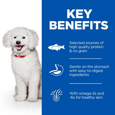 KEY BENEFITS: Selected sources of high quality protein & no grain. Gentle on the stomach with easy-to-digest ingredients. With omega-3s and -6s for healthy skin. Tekst na engleskom.