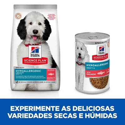 Hill's Science Plan Hypoallergenic para cães, variedades seca e húmida visíveis. Texto: Experimente as deliciosas variedades secas e húmidas.