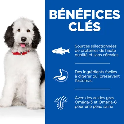 BÉNÉFICES CLÉS : Sources sélectionnées de protéines de haute qualité et sans céréales. Ingrédients faciles à digérer. Acides gras Oméga-3 et Oméga-6 pour une peau saine.