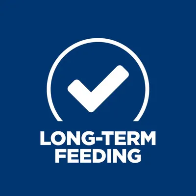 LONG-TERM FEEDING text with a white tick in a circle on blue background
