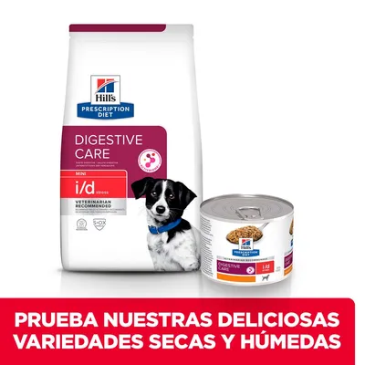 Hill's Prescription Diet Digestive Care MINI i/d stress para perros, saco y lata visibles. Texto: PRUEBA NUESTRAS DELICIOSAS VARIEDADES SECAS Y HÚMEDAS.