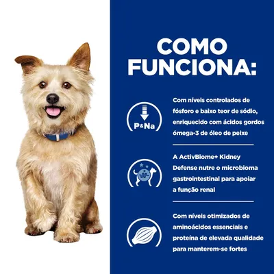 Como funciona: níveis controlados de fósforo e sódio, enriquecido com ómega-3; ActivBiome+ Kidney Defense nutre o microbioma; aminoácidos essenciais e proteína de elevada qualidade.