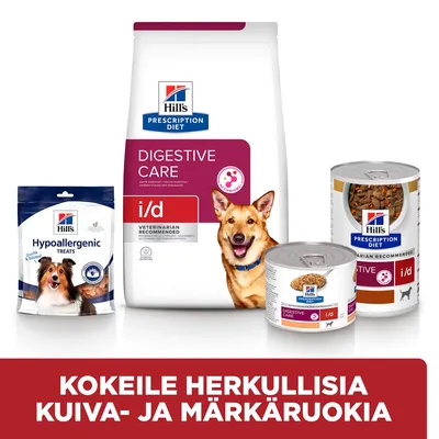Hill's Prescription Diet Digestive Care i/d -kuivaruoka, märkäruokapurkit ja Hypoallergenic Treats -herkut koirille. Teksti: Kokeile herkullisia kuiva- ja märkäruokia.