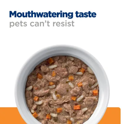 Bowl of wet pet food with visible meat, rice and carrot pieces. Text reads: Mouthwatering taste pets can’t resist.