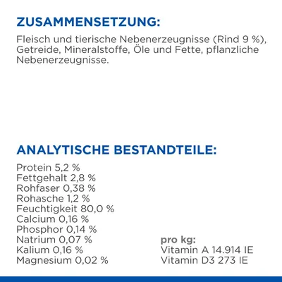 Zusammensetzung: Fleisch und tierische Nebenerzeugnisse (Rind 9 %), Getreide, Mineralstoffe, Öle und Fette, pflanzliche Nebenerzeugnisse. Analytische Bestandteile: Protein 5,2 %, Fettgehalt 2,8 %, Rohfaser 0,38 %, Rohasche 1,2 %, Feuchtigkeit 80 %, Calcium 0,16 %, Phosphor 0,14 %, Natrium 0,07 %, Kalium 0,16 %, Magnesium 0,02 %. Vitamine pro kg: Vitamin A 14.914 IE, Vitamin D3 273 IE.