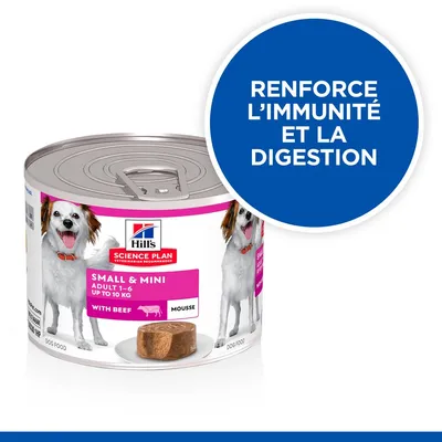 Hill's Science Plan Small & Mini Adult 1–6 Up to 10 kg with Beef Mousse. Texte visible : Renforce l’immunité et la digestion.