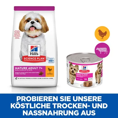 Hill's Science Plan Mature Adult 7+ Small & Mini bis 10 kg. Trockenfutter mit Huhn, Nassfutter mit Rind. Unterstützt Energielevel und Organfunktion älterer kleiner Hunde.