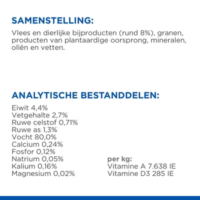 Samenstelling: vlees en dierlijke bijproducten (rund 8%), granen, plantaardige producten, mineralen, oliën, vetten. Analytische bestanddelen: eiwit 4,4%, vocht 80%, vitamine A 7.638 IE/kg.