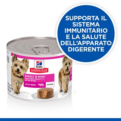 Hill's Science Plan Small & Mini Mature Adult 7+ with Beef Mousse. Testo: Supporta il sistema immunitario e la salute dell’apparato digerente.