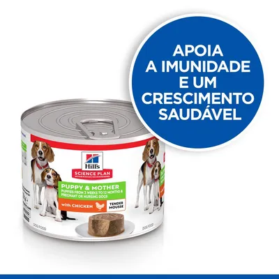Hill's Science Plan Puppy & Mother with Chicken, lata de comida húmida para cães. Texto visível: 'Apoia a imunidade e um crescimento saudável'.