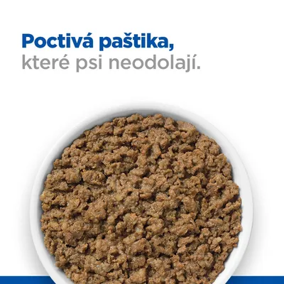 Miska s masovou paštikou, nad ní text: Poctivá paštika, které psi neodolají.