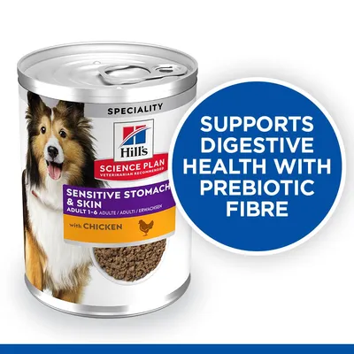 Sensitive Stomach & Skin food with chicken for adults, supports digestive health with prebiotic fibre. Suitable for ages 1-6 as shown on the can.