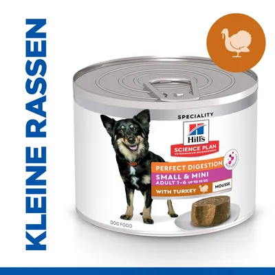 Hill's Science Plan Perfect Digestion Small & Mini Adult 1–6 with Turkey mousse hondenvoer, blik met afbeelding van kleine hond en tekst 'KLEINE RASSEN' links in beeld.