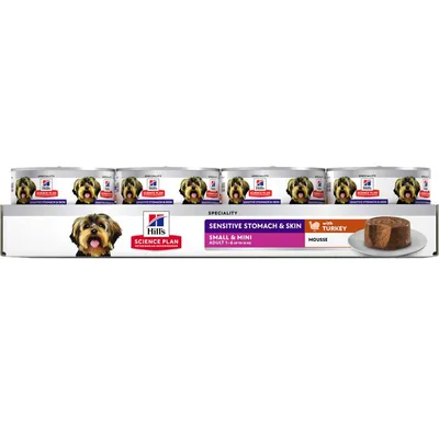 Multipack of cans labelled Sensitive Stomach & Skin, Small & Mini Adult, with turkey mousse. Suitable for pets weighing 1.5 to 10kg. Product image shows packaging and food texture.