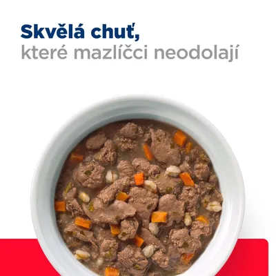 Miska s kúskami mäsového krmiva a zeleniny. Text v češtine: Skvělá chuť, které mazlíčci neodolají.
