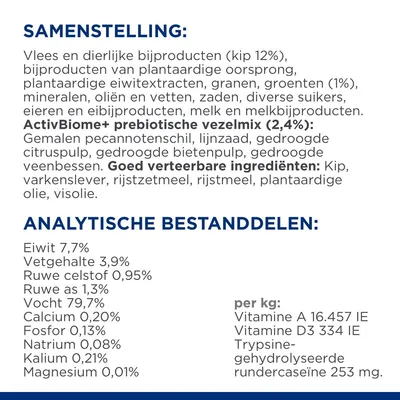 Samenstelling: kip 12%, plantaardige bijproducten, granen, groenten 1%, ActivBiome+ prebiotische vezelmix 2,4%. Analytische bestanddelen: eiwit 7,7%, vet 3,9%, vocht 79,7%, vitaminen per kg.