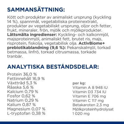 Sammansättning: kött och produkter av animaliskt ursprung (kyckling 14 %), spannmål, vegetabiliska proteinextrakt. Analytiska beståndsdelar: protein 36 %, fett 16,9 %, växttråd 5,3 %.