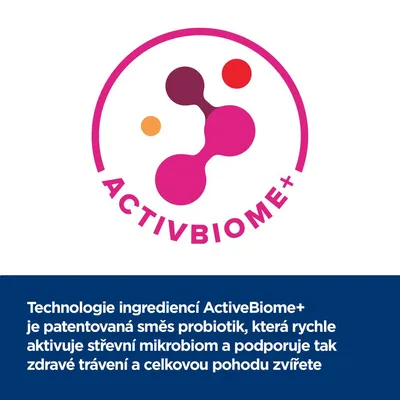 ACTIVBIOME+. Technologie ingrediencí ActiveBiome+ je patentovaná směs probiotik, která rychle aktivuje střevní mikrobiom a podporuje zdravé trávení a celkovou pohodu zvířete. Text v češtine.