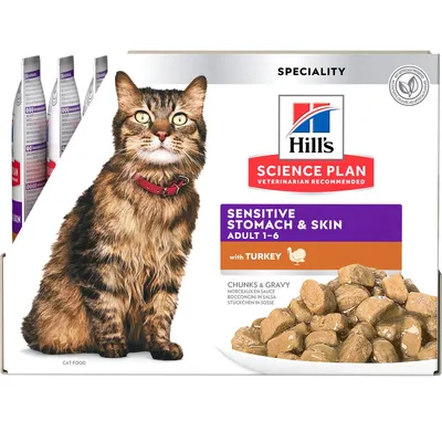 Hill's Science Plan Sensitive Stomach & Skin Adult 1–6 with Turkey, morceaux en sauce, emballage avec photo de chat et croquettes visibles. Texte en anglais sur l'emballage.