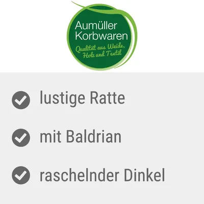 Aumüller Korbwaren, Qualität aus Weide, Holz und Textil. Texte en allemand : lustige Ratte, mit Baldrian, raschelnder Dinkel.