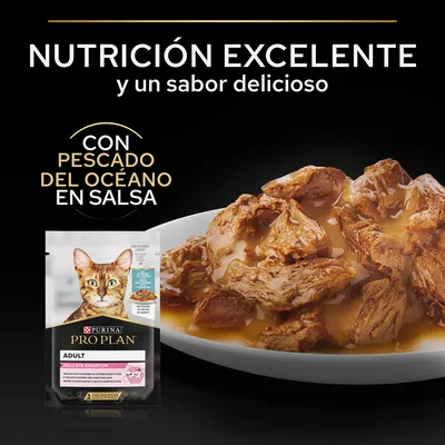 Purina Pro Plan Adult Delicate Digestion con pescado del océano en salsa. Texto: Nutrición excelente y un sabor delicioso. Imagen de comida húmeda para gatos en plato.