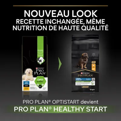 Nouveau look : PRO PLAN OPTISTART devient PRO PLAN HEALTHY START. Recette inchangée, même nutrition de haute qualité. Sacs visibles : Large Robust Puppy 12 kg.