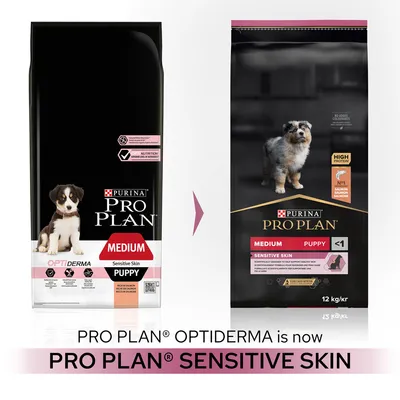 Συσκευασίες PURINA PRO PLAN Medium Puppy Sensitive Skin, αλλαγή ονόματος από OPTIDERMA σε SENSITIVE SKIN. Εμφανίζονται δύο σακούλες με κουτάβια και πληροφορίες για σολομό.
