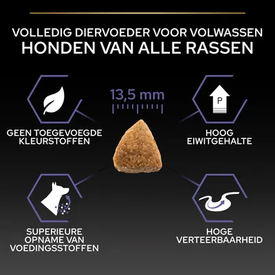 Volledig diervoeder voor volwassen honden van alle rassen, brok 13,5 mm. Geen toegevoegde kleurstoffen, hoog eiwitgehalte, superieure opname van voedingsstoffen, hoge verteerbaarheid.