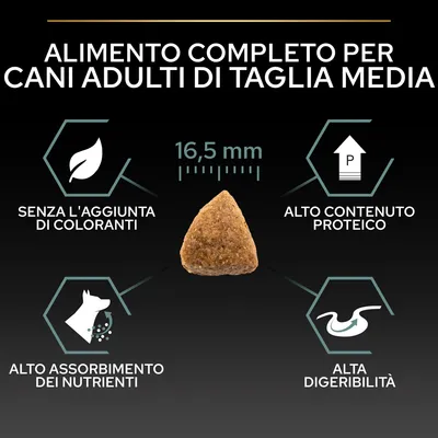 Alimento completo per cani adulti di taglia media, crocchetta 16,5 mm, senza l'aggiunta di coloranti, alto contenuto proteico, alto assorbimento dei nutrienti, alta digeribilità.