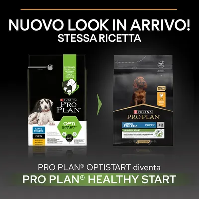 Nuovo look in arrivo! Stessa ricetta. PRO PLAN OPTISTART diventa PRO PLAN HEALTHY START. Confezioni visibili: Large Athletic Puppy.