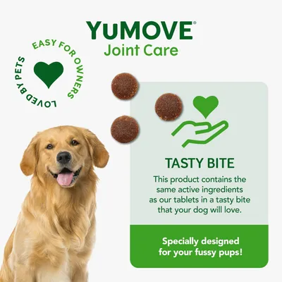 YuMOVE Joint Care tasty bite with same active ingredients as tablets, loved by pets and easy for owners. Specially designed for fussy pups.