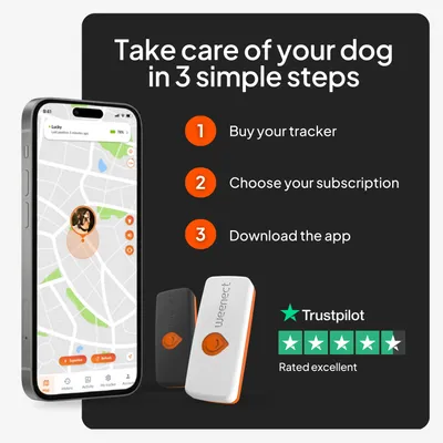 Návod ve třech krocích: 1. Zakupte tracker, 2. Vyberte si předplatné, 3. Stáhněte aplikaci. Hodnocení Trustpilot: vynikající. Zobrazeny dva zařízení Weenect a smartphone s mapou.