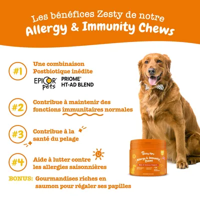 Les bénéfices Zesty de notre Allergy & Immunity Chews : postbiotique inédit, fonctions immunitaires normales, santé du pelage, lutte contre allergies saisonnières, riche en saumon.