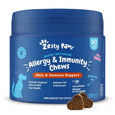 Zesty Paws Senior Advanced Allergy & Immunity Chews for skin and immune support, with salmon oil, colostrum, 90 soft chews, rich in salmon, complementary feed for dogs, 300g.