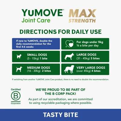 Daily use directions: double dose for first 4-6 weeks if new. Under 5kg, half a bite daily; 5-15kg, 1 bite; 16-30kg, 2 bites; 31-45kg, 3 bites; over 45kg, 4 bites. B Corp certified.