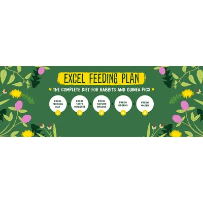 Excel Feeding Plan: The complete diet for rabbits and guinea pigs with Excel Feeding Hay, Excel Tasty Nuggets, Excel Nature Snacks, fresh greens, and fresh water. Excel Feeding Plan: The complete diet for rabbits and guinea pigs with Excel Feeding Hay, Excel Tasty Nuggets, Excel Nature Snacks, fresh greens, and fresh water.