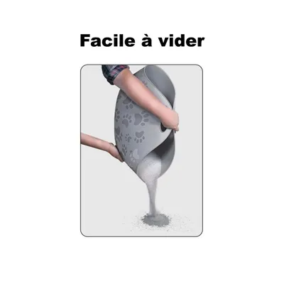 Texte : Facile à vider. Personne versant du sable ou de la litière depuis un tapis gris avec motifs de pattes d’animaux.